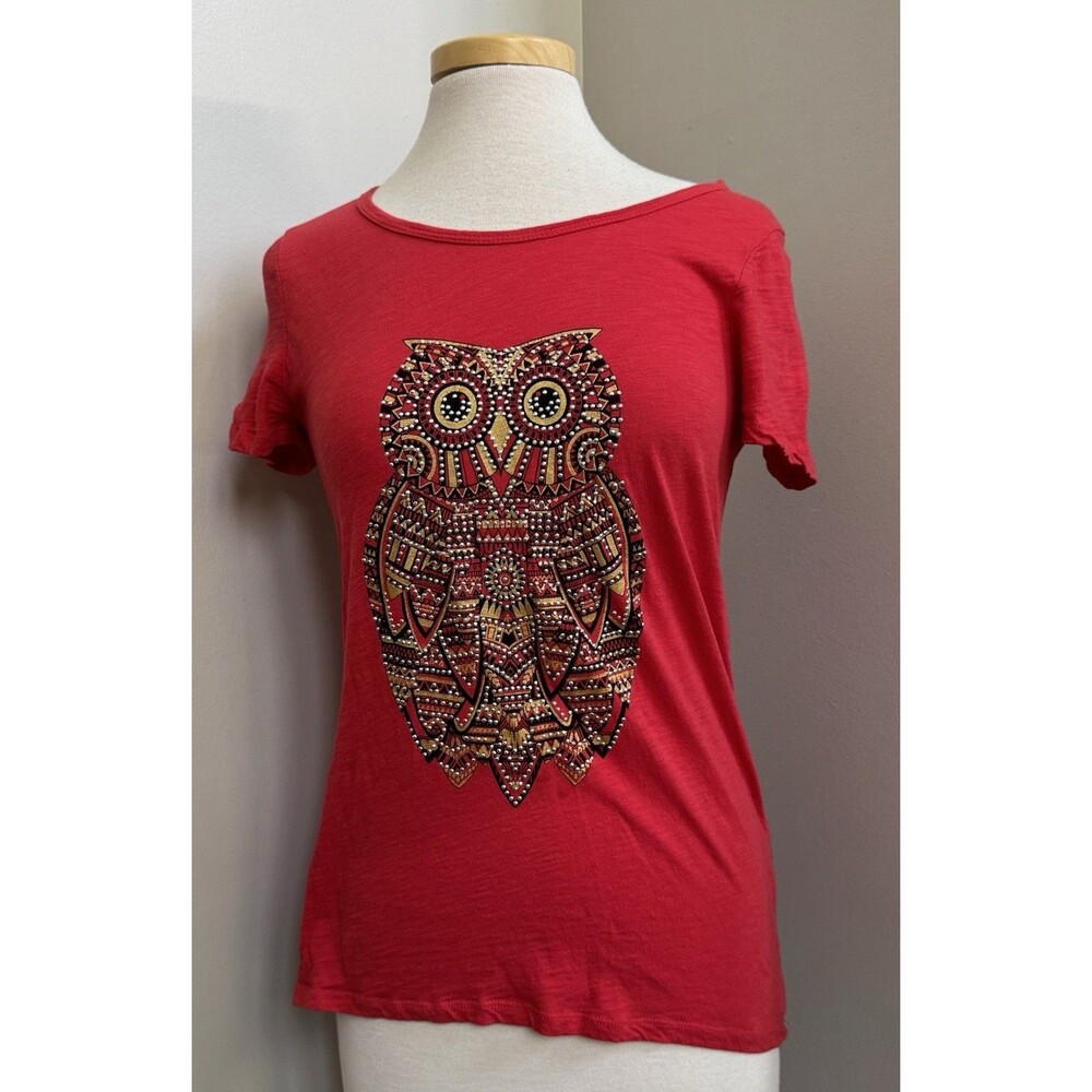 Onque Casuals Women’s Owl Pullover Shirt Studded/Beaded Size S RED